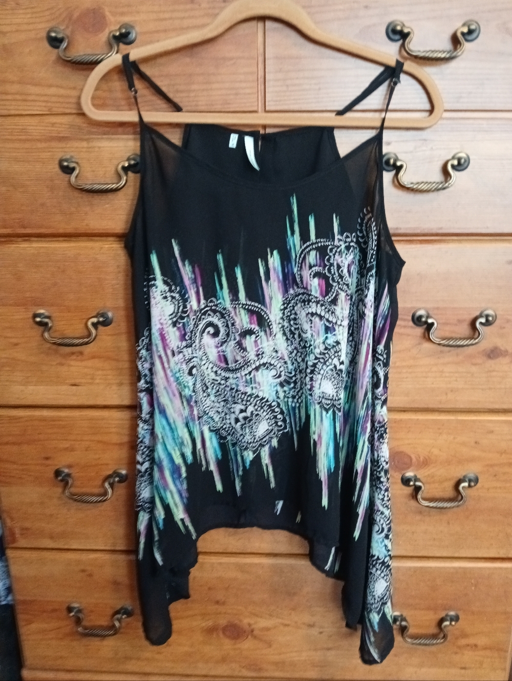 Maurices Black Multicolor Paisley Handkerchief-Hem Top /Size XL